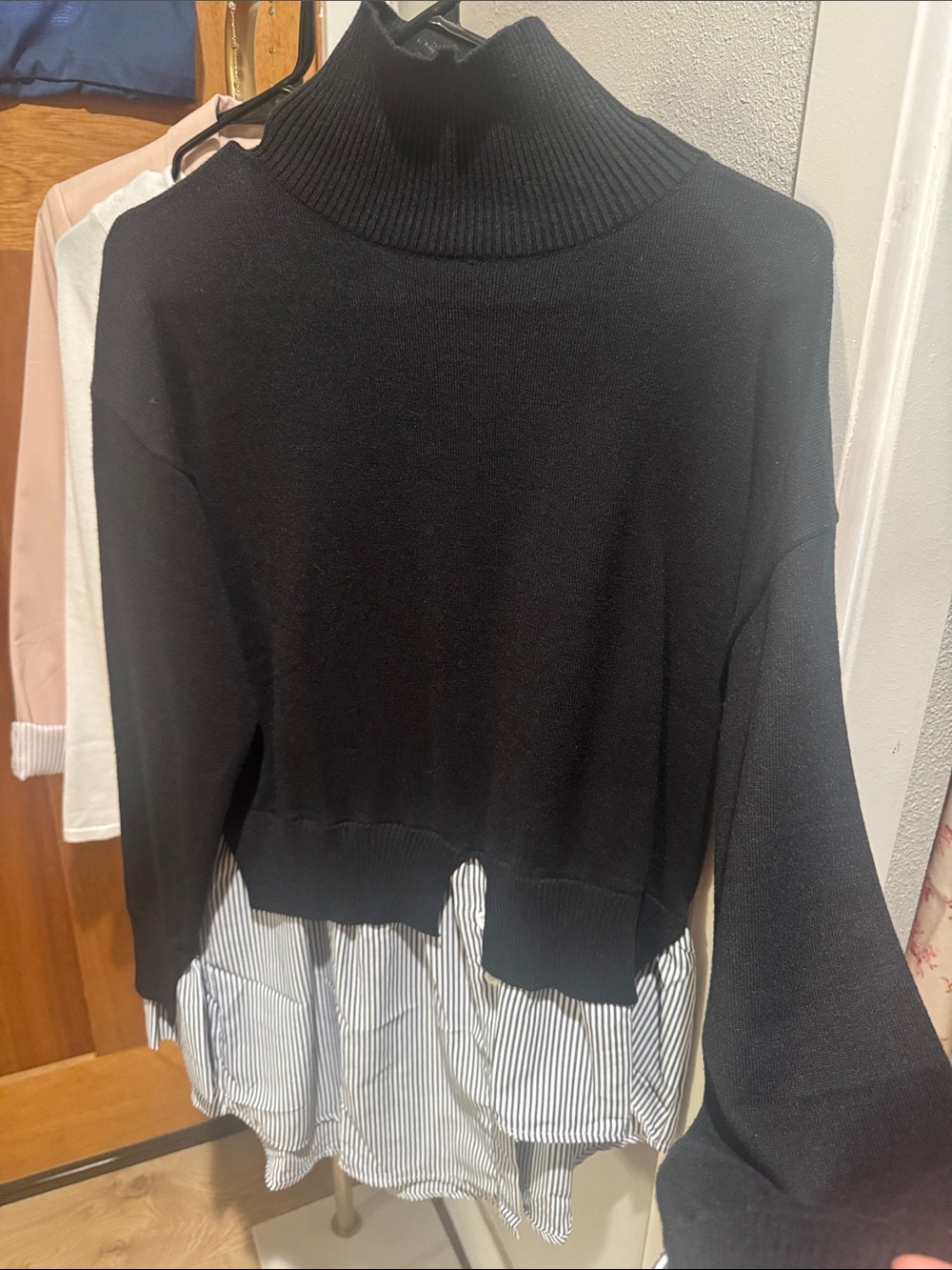 Black Layered Mock Neck Sweater Striped Shirt Hem